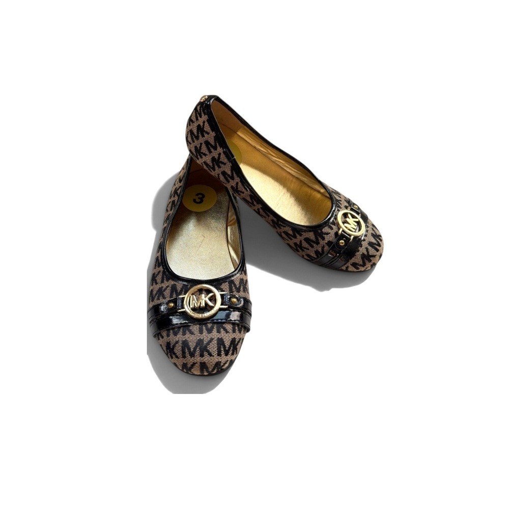 Michael Kors Tori Drew Girls Ballet Flats MK Gold Monogram Black Tan Shoes Sz 3